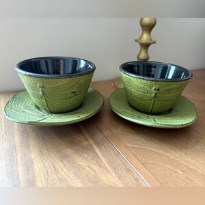 VTG Green and Black Cast Iron Dragonfly Teacups and Saucers Made in Japan 4oz